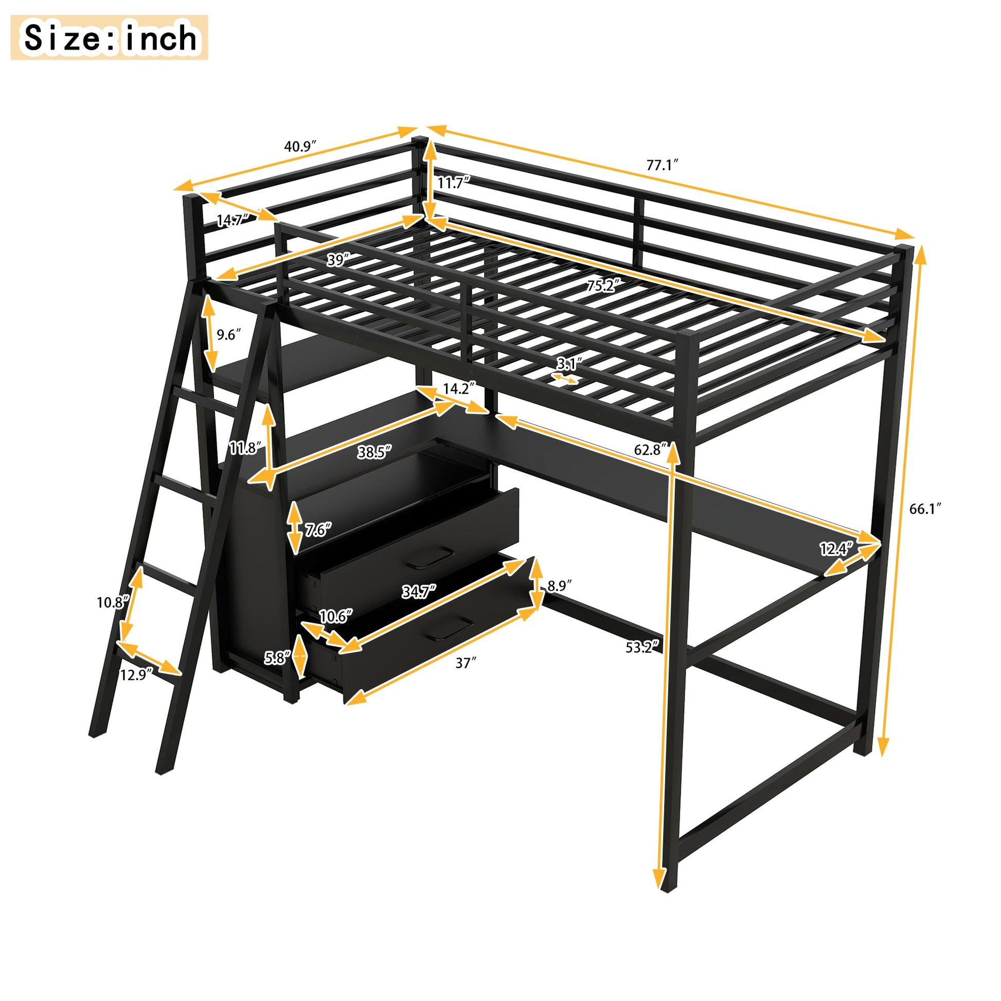 SOFTSEA Twin Metal Loft Bed with Desk and Storage - Black - WoodArtSupply