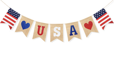 Uniwish USA Banner Burlap Bunting 4th of July Decorations American Independence Day Celebration Red White and Blue Theme Party Supplies