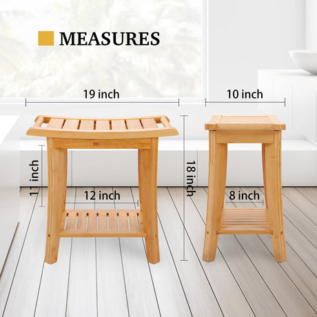 Unibambou Bamboo Shower Bench with Storage Shelf, Wooden Spa Bath Deluxe Organizer Shower Stool for Inside Shower Waterproof, Bathroom Bench Seat for Adults Elderly Seniors for Indoor or Outdoor Use Unibambou