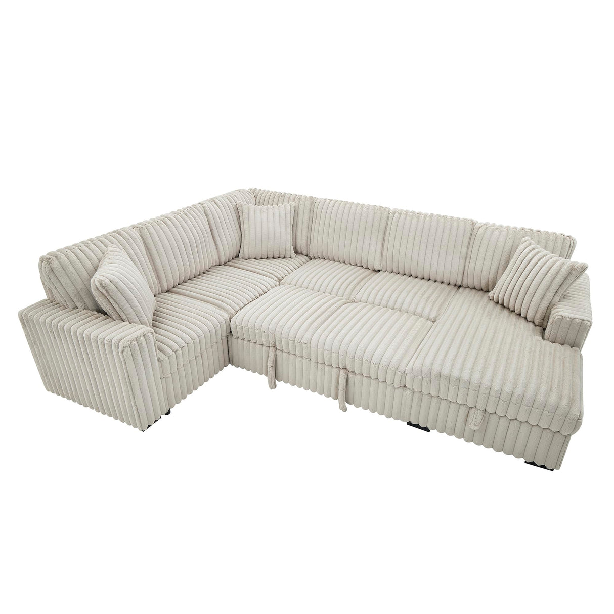 122'' Convertible U-Shaped Faux Rabbit Fur Plush Sectional Sleeper Sofa, Upholstered Cloud Couch Pull-Out Sofa Bed with Storage Chaise and USB Ports for Living Room (Khaki, 122'' x 95.6'') Familymill