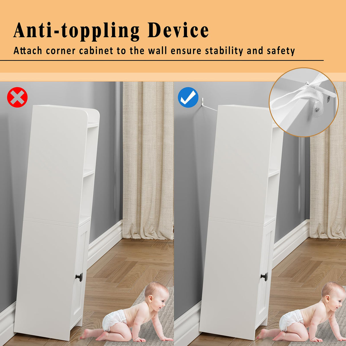 Lomojo Small Bathroom Storage Cabinet Corner, Floor Cabinet with Adjustable Shelves, Freestanding Narrow Bathroom Toilet Paper Organizers for Small Spaces (White) Lomojo