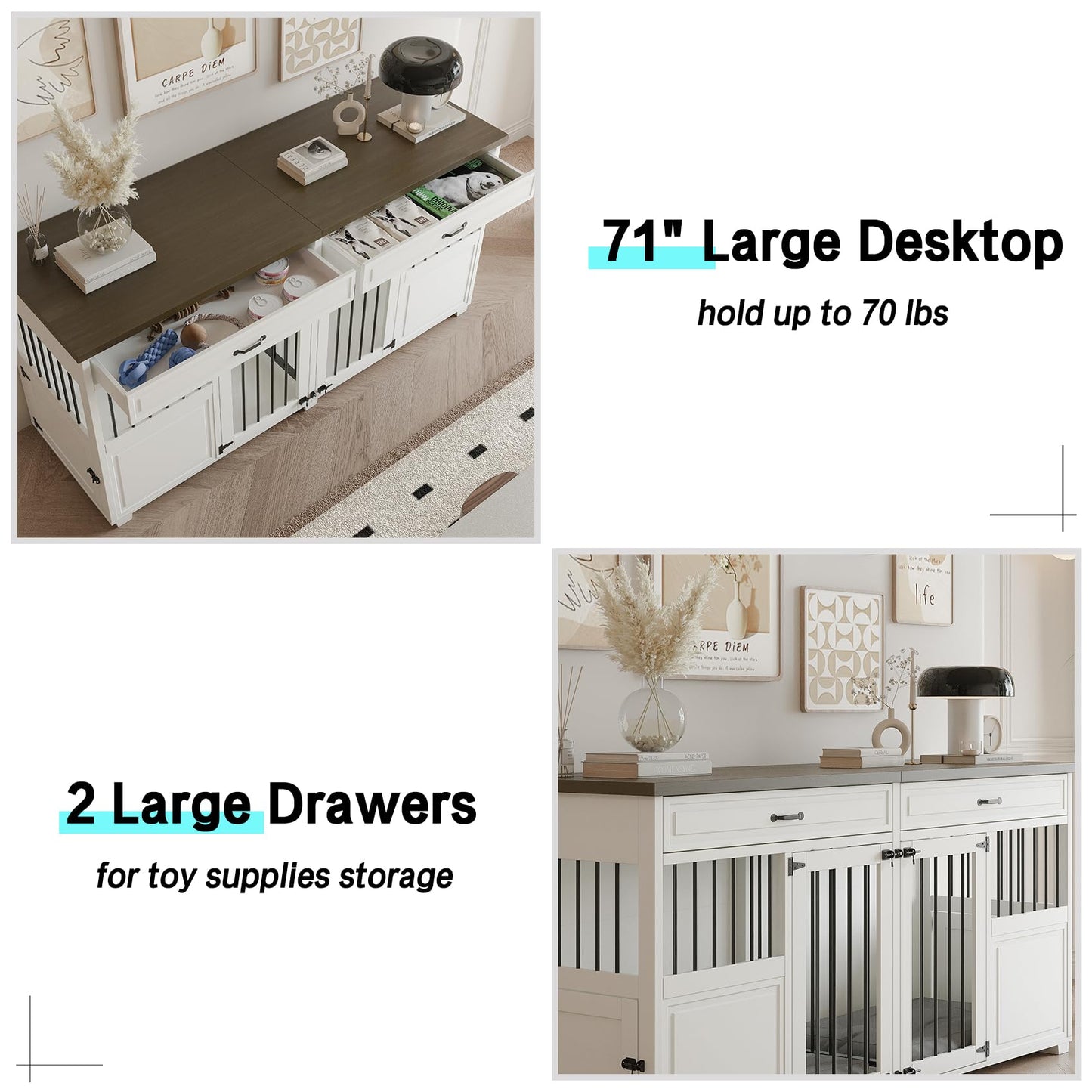 Dog Crate Furniture - Indoor Wood Dog Kennel Furniture 4 Doors with Divider and 2 Drawers - 72" L x 23.6" W x 34.8" H, White - WoodArtSupply