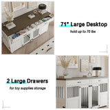 Dog Crate Furniture - Indoor Wood Dog Kennel Furniture 4 Doors with Divider and 2 Drawers - 72" L x 23.6" W x 34.8" H, White Faceket