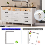 Anbuy White Dresser for Bedroom 12 Drawers with LED Lights, 63" Long Chest of Drawers with Large Drawers, Modern 9 Drawer Dresser with 3 Open Space for Bedroom, Living Room, Entryway,Hallway (White Anbuy
