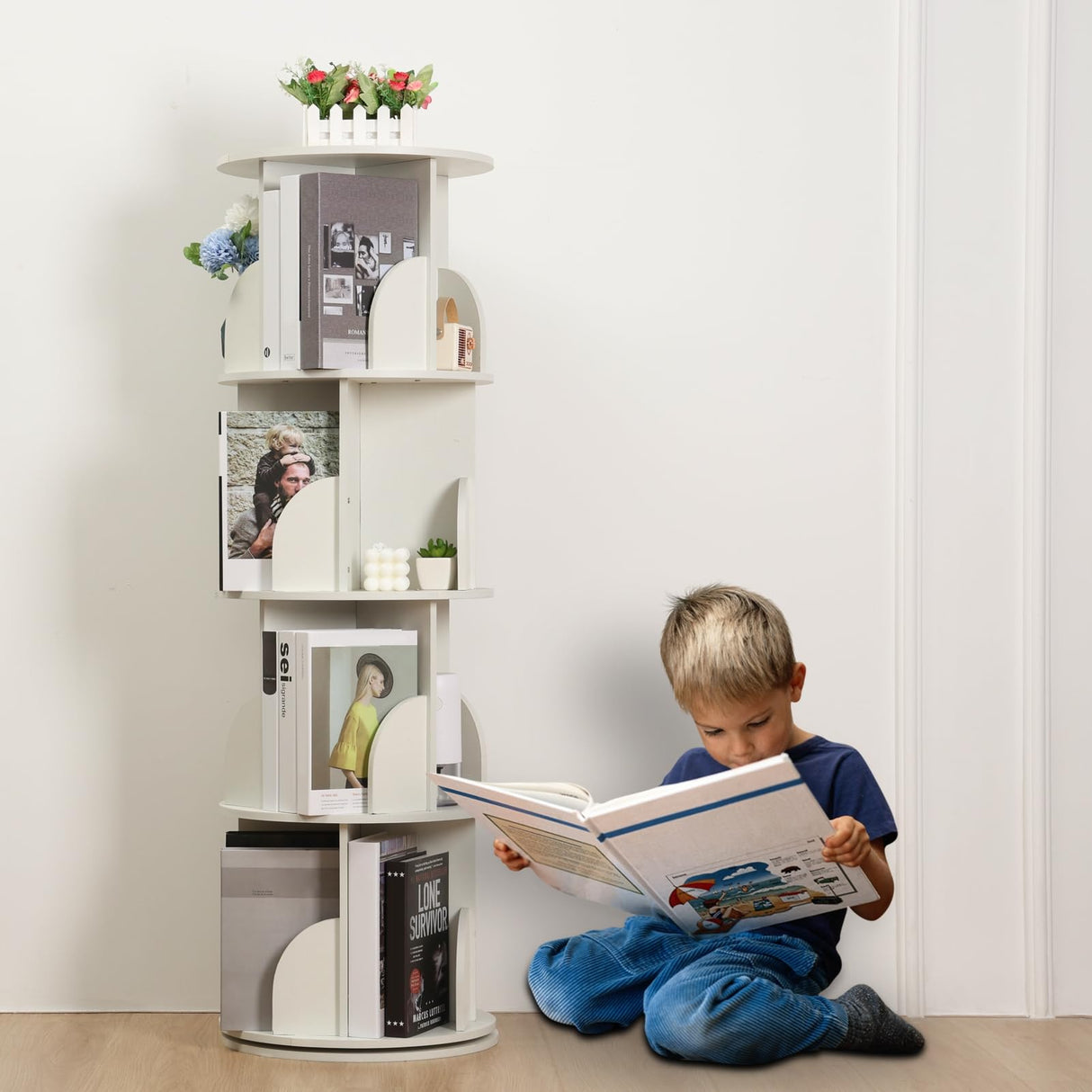 360-Degree Rotating White Bookshelf Tower – 4-Tier Solid Wood Bookcase for Kids and Adults wirlsweal