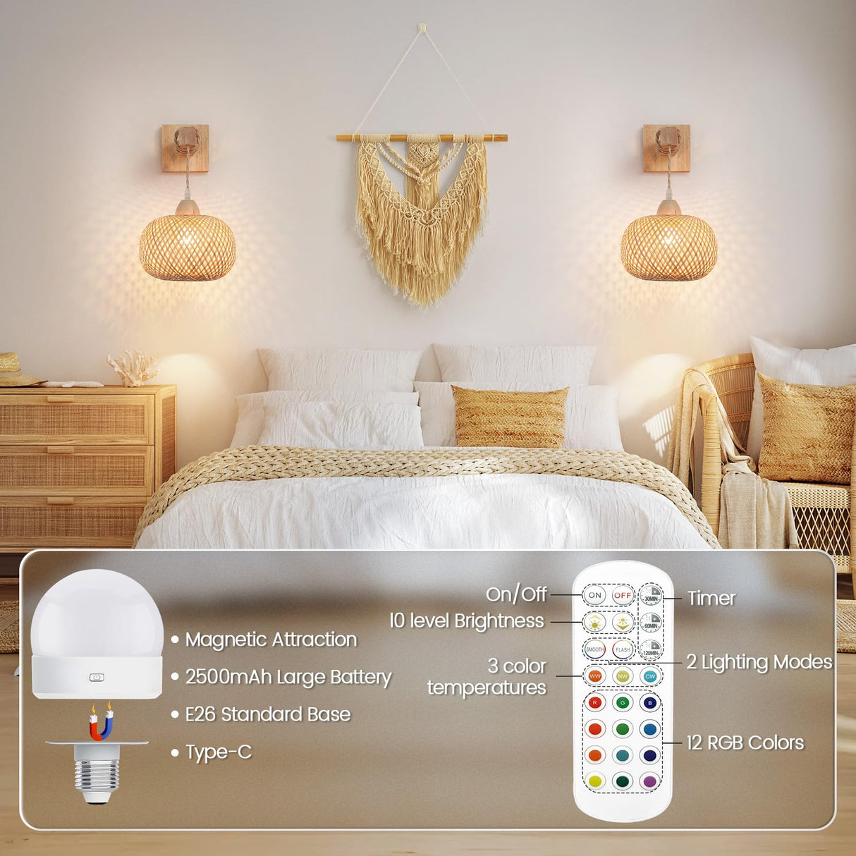 Battery Operated Wall Sconce Set of Two, Wireless Rechargeable Wall Lights, Rattan Wall Lamps with Remotes and Dimmable RGB LED Bulbs, Indoor Boho Wood Sconces Wall Decor for Bedroom Living Room MANGINY