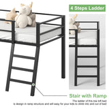 Lutown-Teen Low Loft Bed Twin Size, Junior Metal Twin Loft Bed with Stairs and Safety Guard, Noise Free for Small Bedroom, Black Lutown-Teen