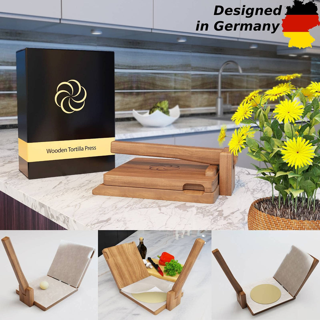 panan Wooden Tortilla Press Mexican Tortillera Presser Made from Natural Food-Grade Acacia Wood - Large Wood Pataconera with 50 Pieces Parchment Paper, Dough Cutter and Recipes eBook (Square 10") panan