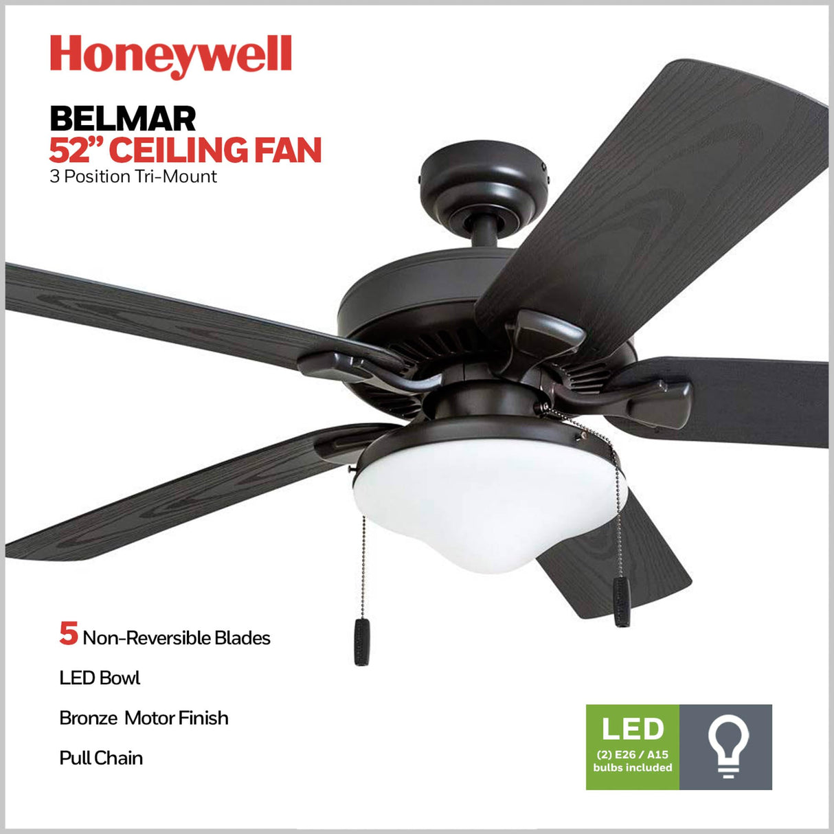 Honeywell Ceiling Fans Belmar 52 Inch Ceiling Fan With Light, Indoor/Outdoor Ceiling Fan with Pull Chain, LED Tri-Mount 5 Blade Design, ETL Damp Rated, Bronze (50512-01) Honeywell Ceiling Fans