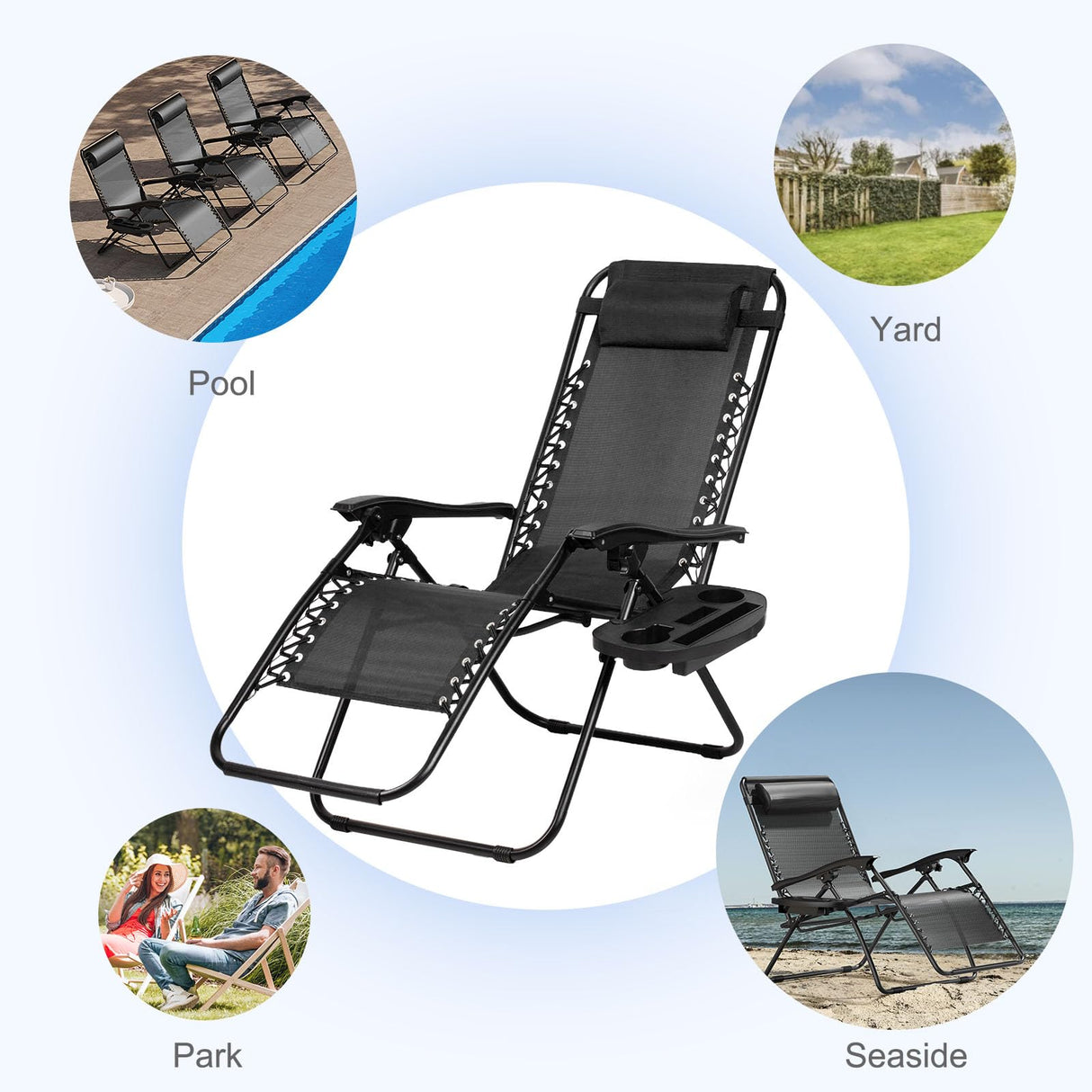 Nazhura Set of 2 Relaxing Recliners Patio Chairs Adjustable Steel Mesh Zero Gravity Lounge Chair Beach Chairs with Pillow and Cup Holder Black Nazhura