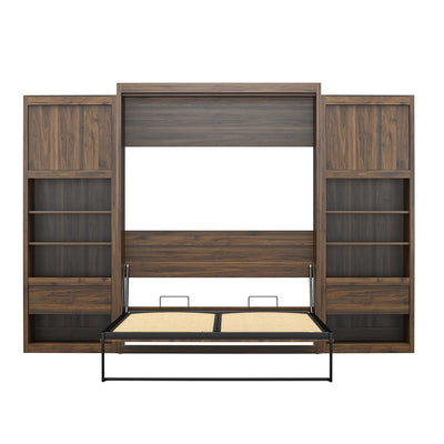 REALROOMS Halstead Queen Size Murphy Bed with 2 Nightstand Cabinets, Space-Saving Fold-Out Wall Bed with Open Shelving and Concealed Storage for Bedroom or Guest Room, Walnut