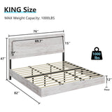 LUXOAK Distressed White King Size Floating Bed Frame with LED Headboard – Modern Farmhouse Design, Easy Assembly & Noise-Free Comfort LUXOAK