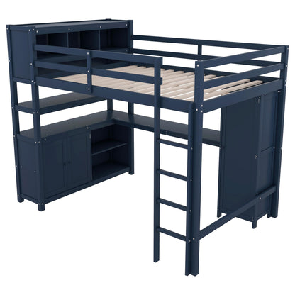 SOFTSEA Full Size Loft Bed with L Shaped Desk, Wood Loft Bed with Wardrobe, Storage Cabinet and Shelves, High Loft Bed Frame with Storage Headboard for Kids Teens Adults, Dark Blue