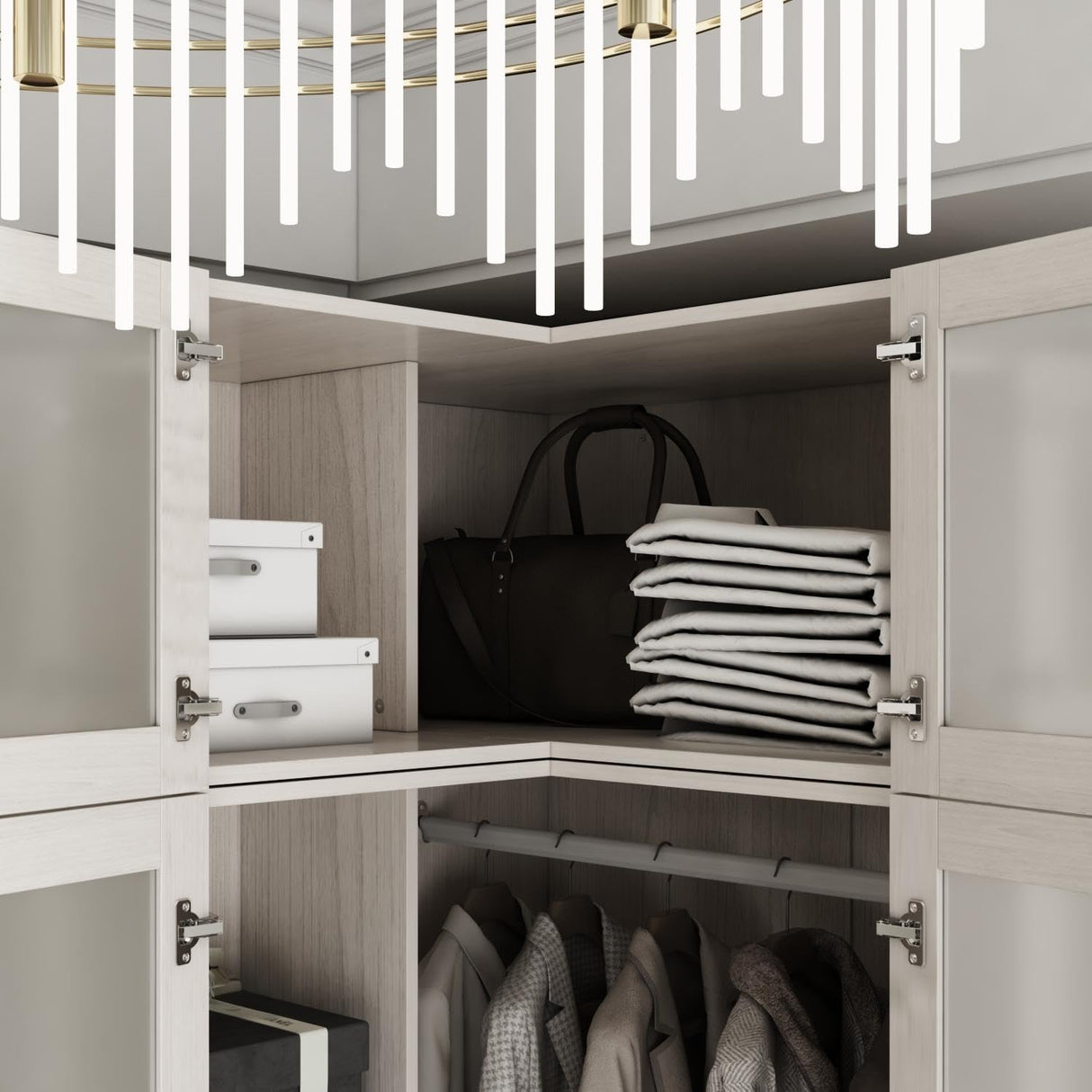 TAMUNE L-Shape Wardrobe Armoire Closet with Hanging Rod & Shelf, Bedroom Armoire with Frosted Glass Doors, Top Cabinets & Gold Knobs, Wood Grain, 35.4”D x 35.4”W x 86.6”H TAMUNE