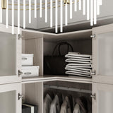 TAMUNE L-Shape Wardrobe Armoire Closet with Hanging Rod & Shelf, Bedroom Armoire with Frosted Glass Doors, Top Cabinets & Gold Knobs, Wood Grain, 35.4”D x 35.4”W x 86.6”H TAMUNE