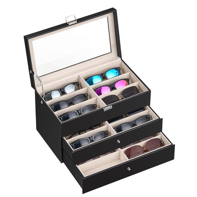 habgp Sunglasses Organizer with 18 Slots, 3-Layer Multiple Eyeglasses Eyewear Storage Glasses Holder Leather Box Display Case for Women Men - Black