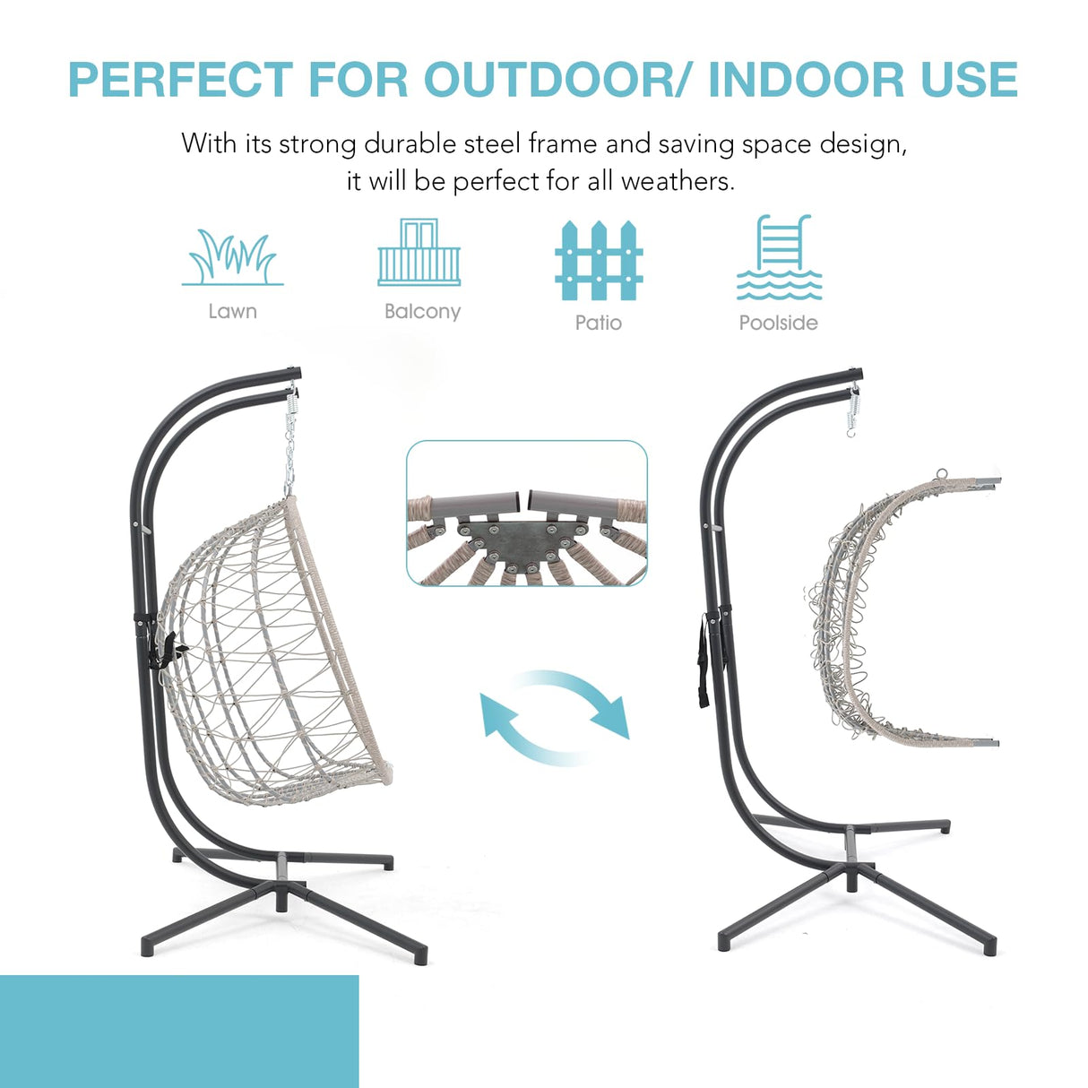 Patiorama 2 Person Double Egg Swing Chair with Stand Indoor Outdoor, Patio Wicker Rattan Hanging Egg Chair w/Cushion, Pillow, Foldable Hammock Chair 550lbs for Bedroom, Balcony, Garden (Light Blue) Patiorama