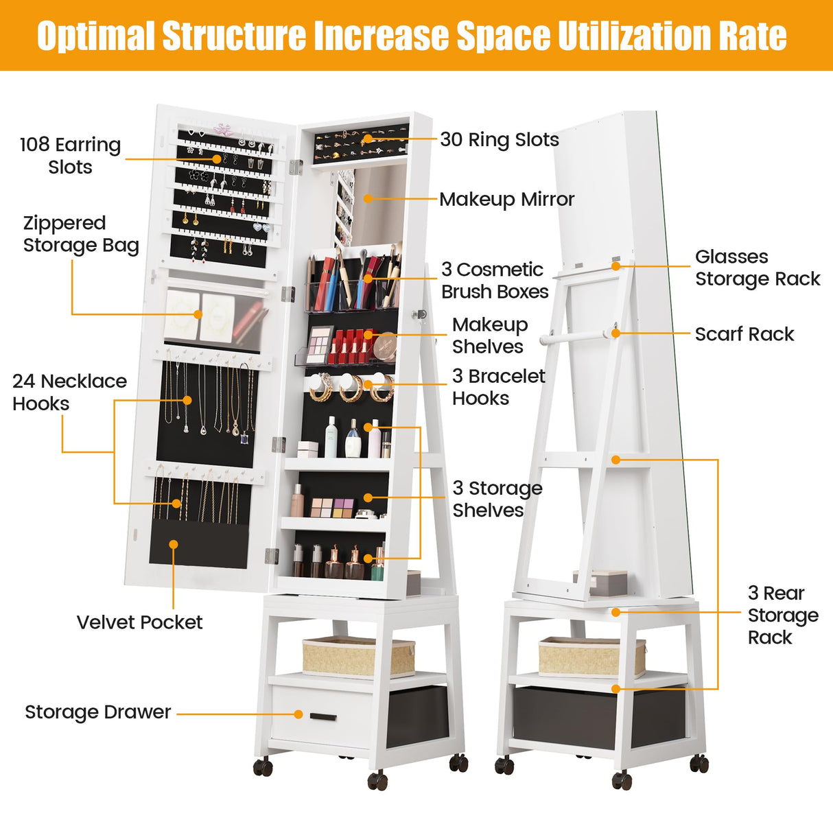 Alkmaar 360° Swivel Jewelry Armoire, Floor Standing Locking with Full Length Mirror,Bottom Drawer, Shelf, Wheels,White Cabinet with Large Storage Capacity (White push-pull) Alkmaar