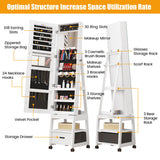 Alkmaar 360° Swivel Jewelry Armoire, Floor Standing Locking with Full Length Mirror,Bottom Drawer, Shelf, Wheels,White Cabinet with Large Storage Capacity (White push-pull) Alkmaar