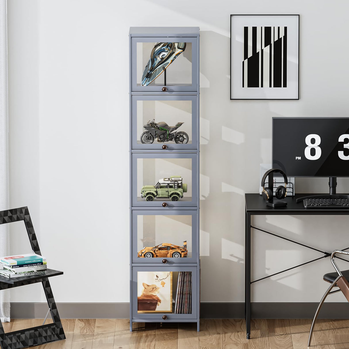 Magshion 68" Tall Curio Display Cabinet, 5 Tier Slim Corner Shelves Collection Display Case for Living Room Bedroom, Gray Magshion