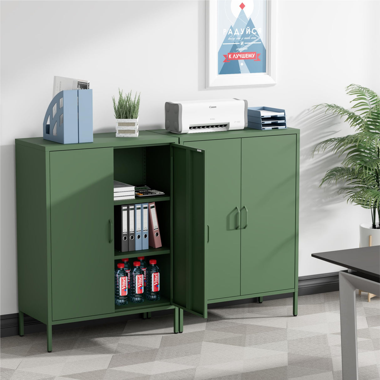 Washsemba Metal Storage Cabinet with Doors and Shelves,Multipurpose Storage Rack, 3-Tier Shelf,Metal Locker Style Accent Cabinet for Home Office,Living Room,Kitchen (Forest Green, 40''H) Washsemba