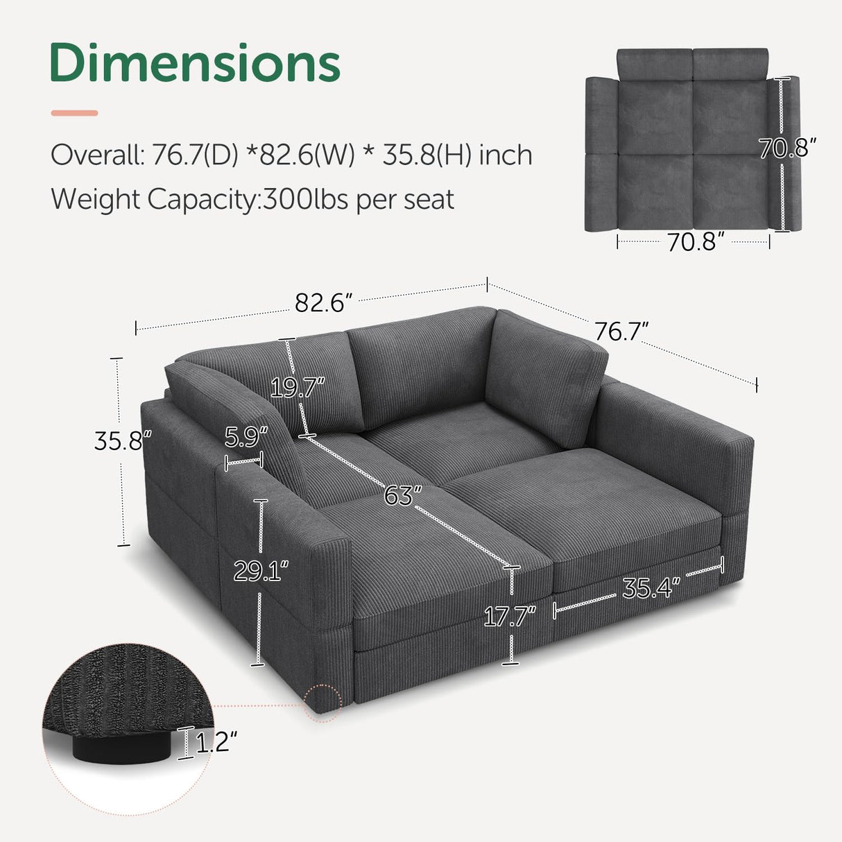 HONBAY Modular Sectional Couches with Storage Corduroy Sectional Sleeper Sofa Modular Sectional Couches for Living Room,Dark Grey HONBAY