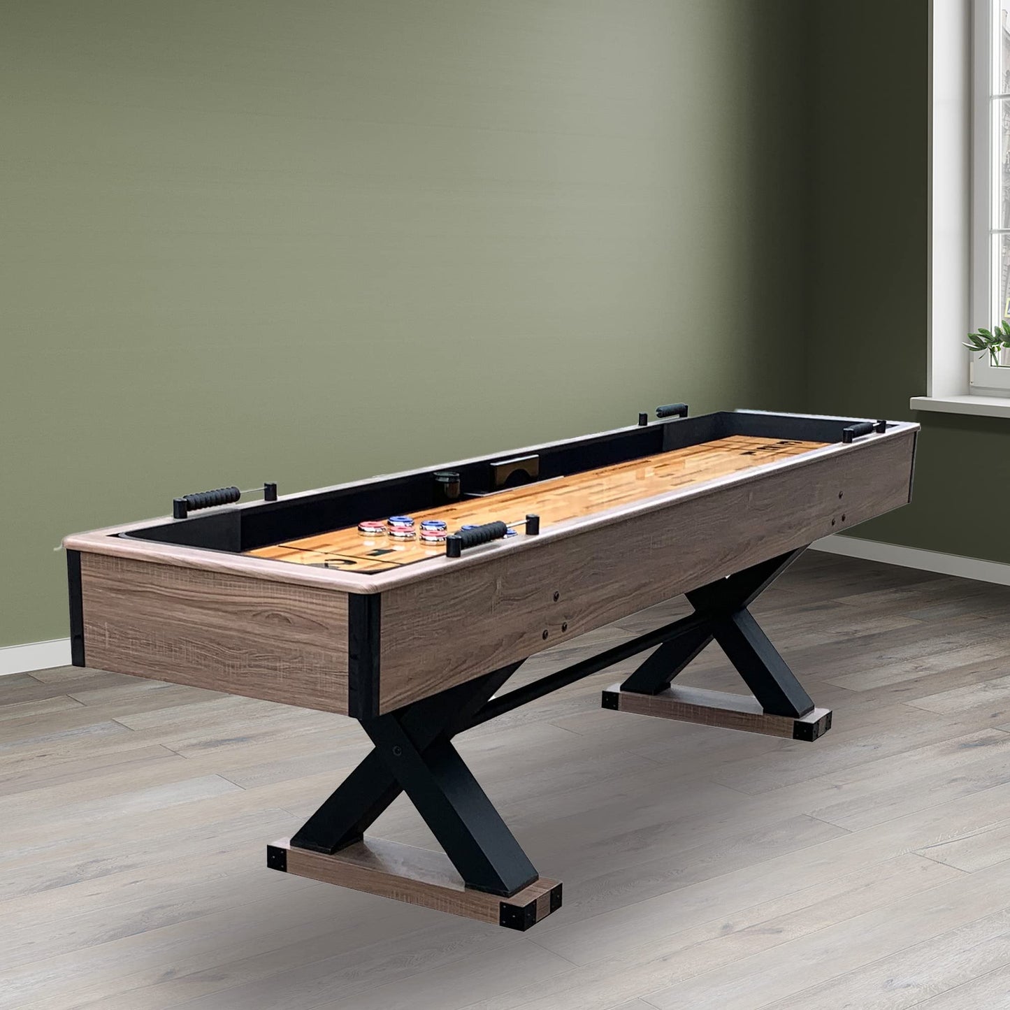 Hathaway Excalibur 9-Ft Shuffleboard Table for Great for Family Recreation Game Rooms, Designed with a Rustic Driftwood Finish with Built-In Leg Levelers, Includes 8 Pucks, Table Brush and Wa - WoodArtSupply