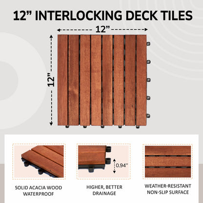 CLOVERHOLM Interlocking Deck Tiles-10PCS Waterproof Acacia Wood Patio Tiles, Easy Snap Flooring Tiles for Indoor and Outdoor,Balcony, Entry, Poolside Tiles, 12”x12” (10sq.ft per Box) (Teak) - WoodArtSupply