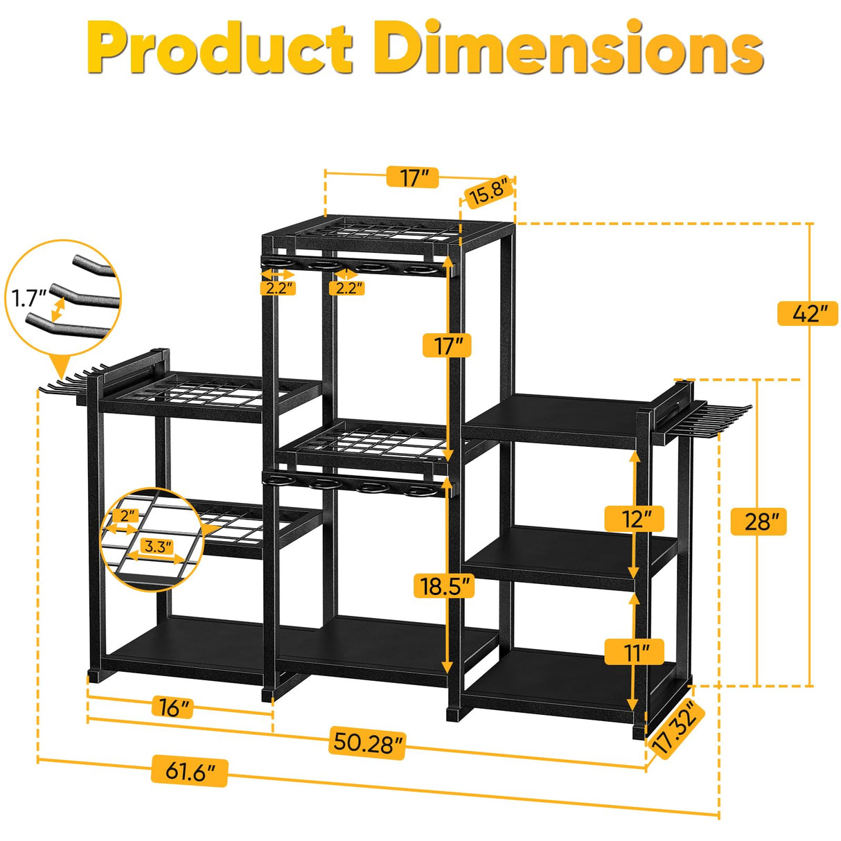 POKIPO 42" H Large Garden Tool Organizer, Holds Up to 86 Tools, Heavy Duty Yard Tool Organizer for Garage, 61“ Wide Lawn Freestanding Tool Storage Rack for Outdoor Shed Tool Rake, Shovel, Brooms POKIPO