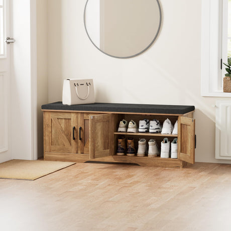 HOMSHO 2-Tier Storage Bench, Shoe Bench with Padded Seat Cushion, Entryway Bench with 4 Barn Doors, Adjustable Shelf, 13.8" D x 47.2" W x 17.7" H, for Entryway, Living Room, Bedroom, Rustic Walnut HOMSHO