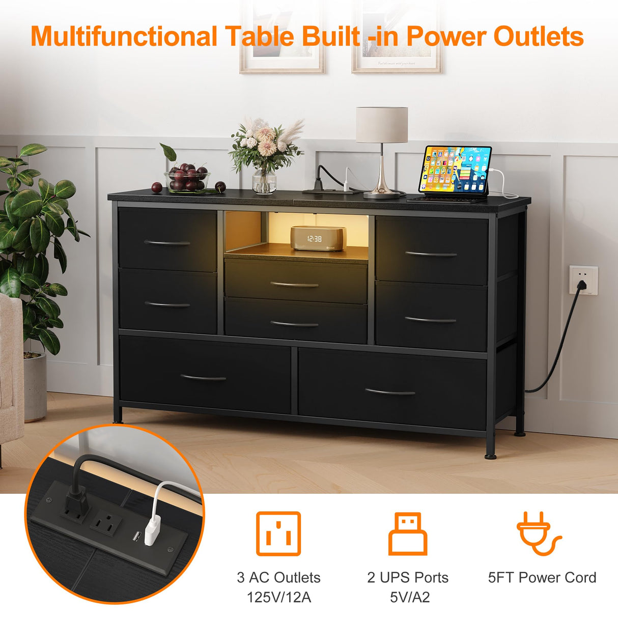 Dresser TV Stand with Power Outlet & LED Lights for 55'' TV，8 Drawers Entertainment Center, Fabric Chest of Drawers with Wood Top, TV Stands for Bedroom, Living Room, Black SunnyFurn