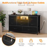 Dresser TV Stand with Power Outlet & LED Lights for 55'' TV，8 Drawers Entertainment Center, Fabric Chest of Drawers with Wood Top, TV Stands for Bedroom, Living Room, Black SunnyFurn