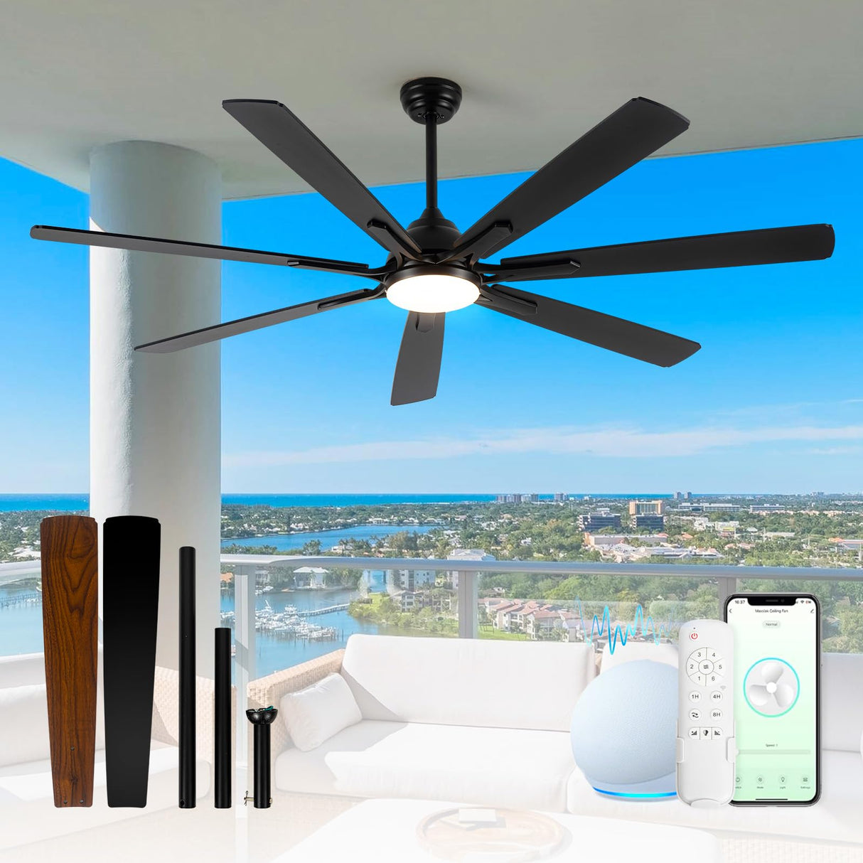 Maxslak 72" Large Smart Ceiling Fan with Light Remote Control via WIFI Alexa,6-Speeds Quiet DC Motor,Dimmable,Indoor Outdoor Black ceiling fan for Living Room,Patio,Dual Finish 7 Blades Maxslak