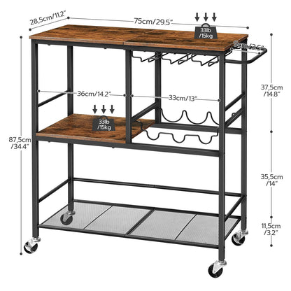 HOOBRO Bar Cart for The Home, 29.5 inches 3-Tier Serving Cart with Wheels, Rolling Kitchen Cart with Wine Rack and Glass Holder for Living Room, Party, Bar, Rustic Brown and Black BF21TC01G1 - WoodArtSupply