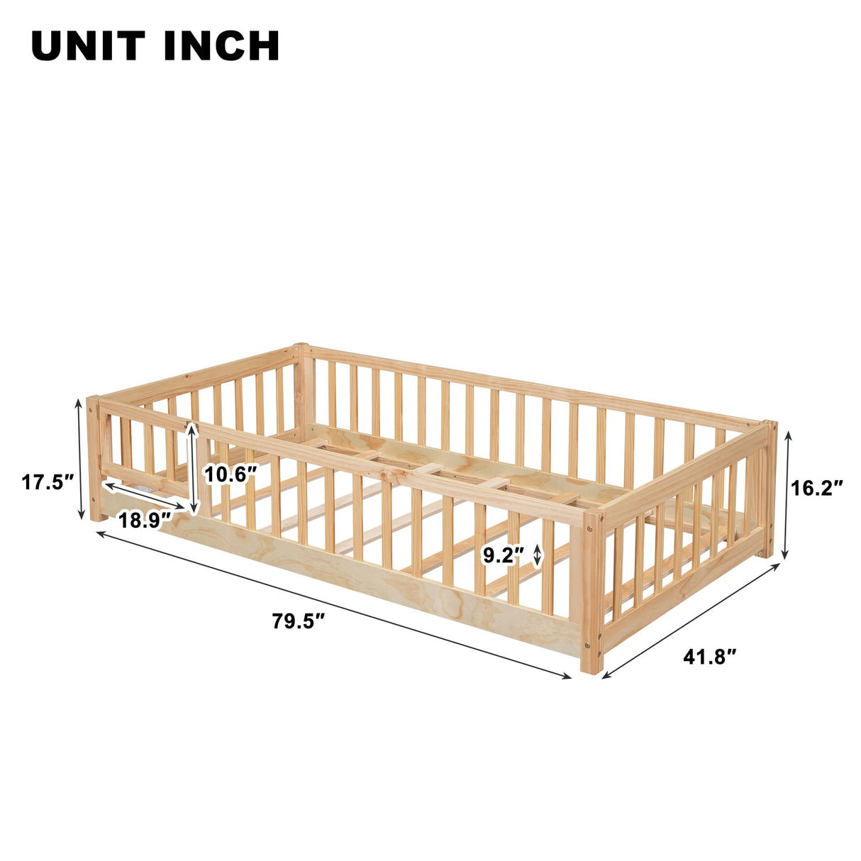 Bellemave Natural Twin Size Montessori Floor Bed with Door, Fence, and Removable Slats for Kids Bellemave