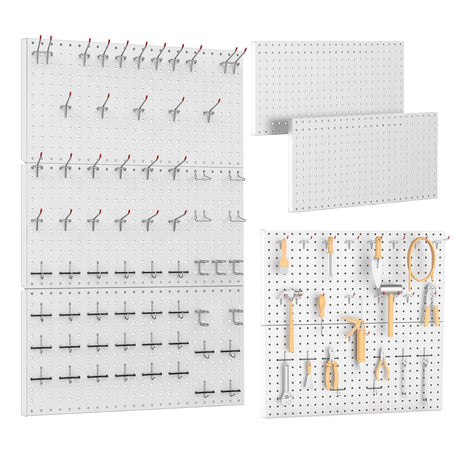 Tbantera 2 PCS Metal Pegboard Wall Storage Shelves 24x12 Inches with 50 PCS Pegboard System for Garage Organization Black Pegboard Hooks for Efficient Tool Storage and Workbench Organization（White） Tbantera