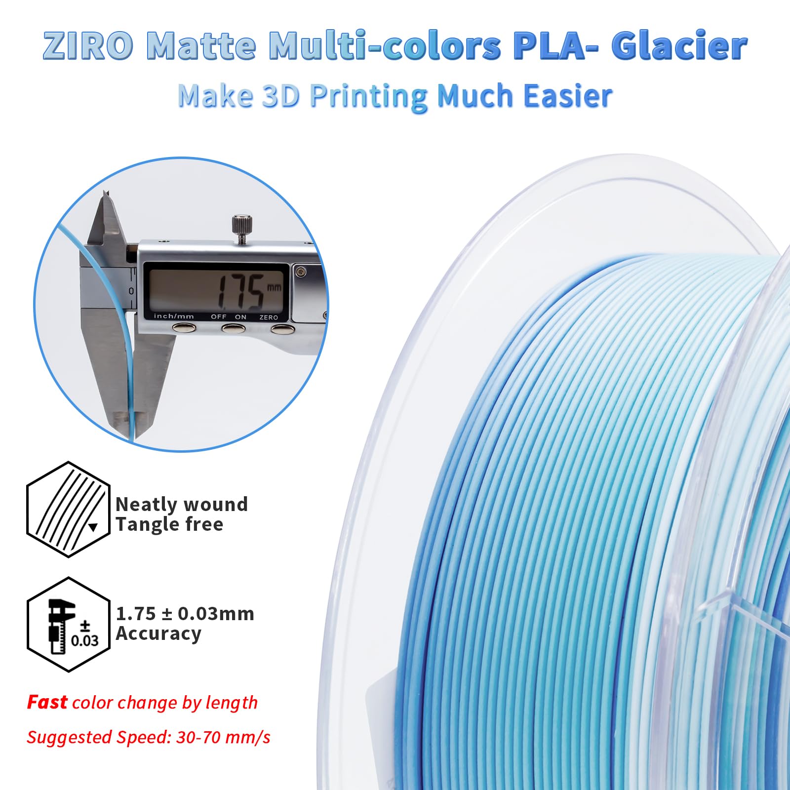 ZIRO Color Change Filament, Matte Multi Colors 3D Printer Filament, Faster Color Change by Length PLA, Dimensional Accuracy +/-0.03mm, 1KG/ 2.2lbs Spool, Fit Most FDM 3D Printer, Glacier - WoodArtSupply