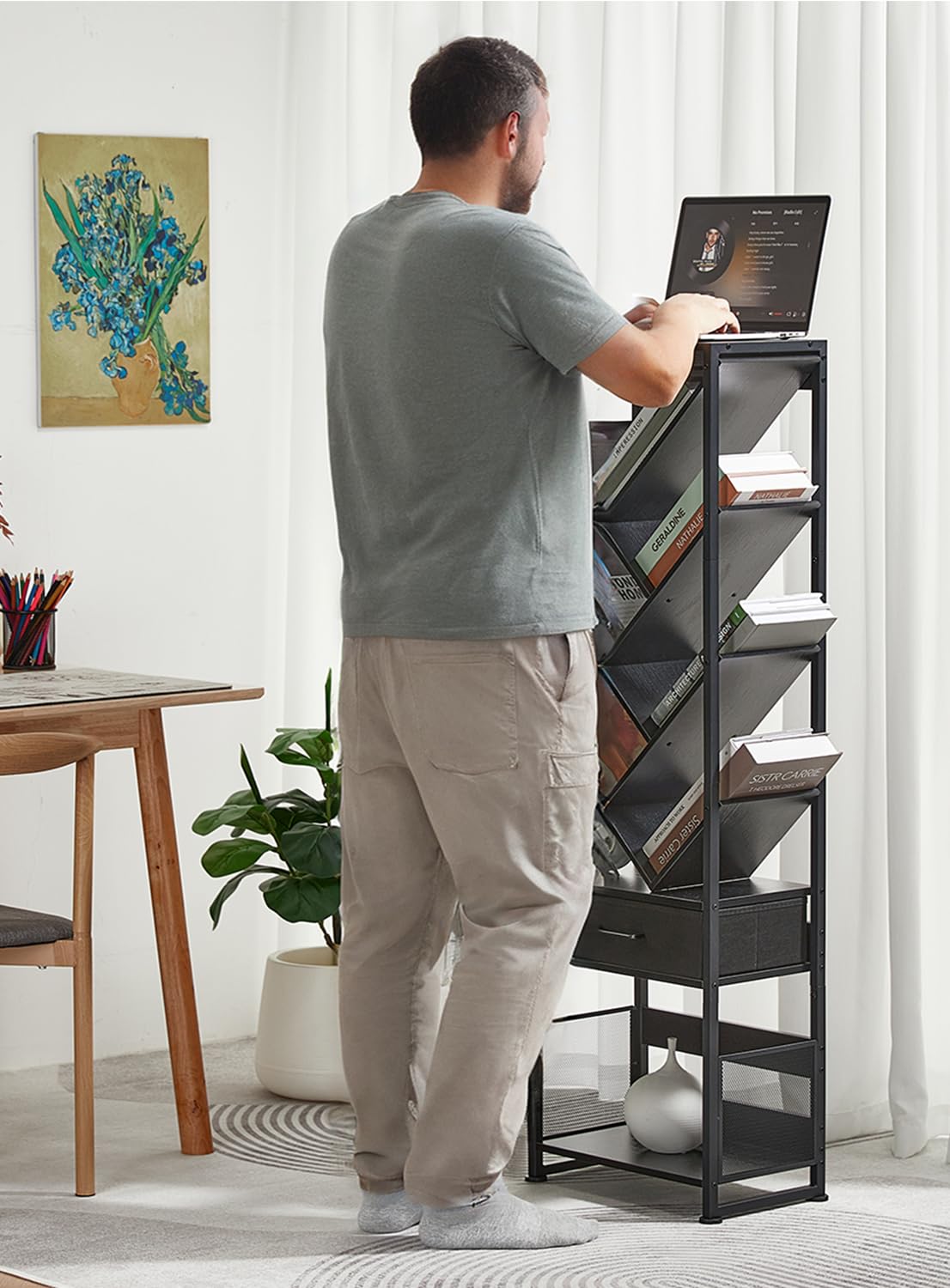 ZEXVIDA Bookshelf with Drawer,10 Tier Tree Bookcase Retro Floor Standing Bookshelves,Tall Wood Bookcases with Cabinet Storage Organizer for Living Room, Bedroom & Home Office, Black ZEXVIDA