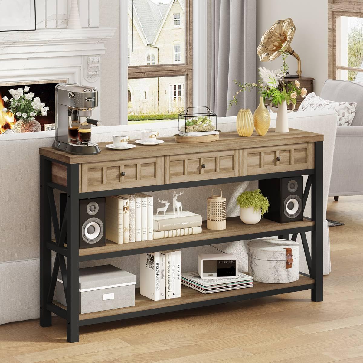 FATORRI Rustic Oak Industrial Console Table with 3 Drawers and Ample Storage FATORRI