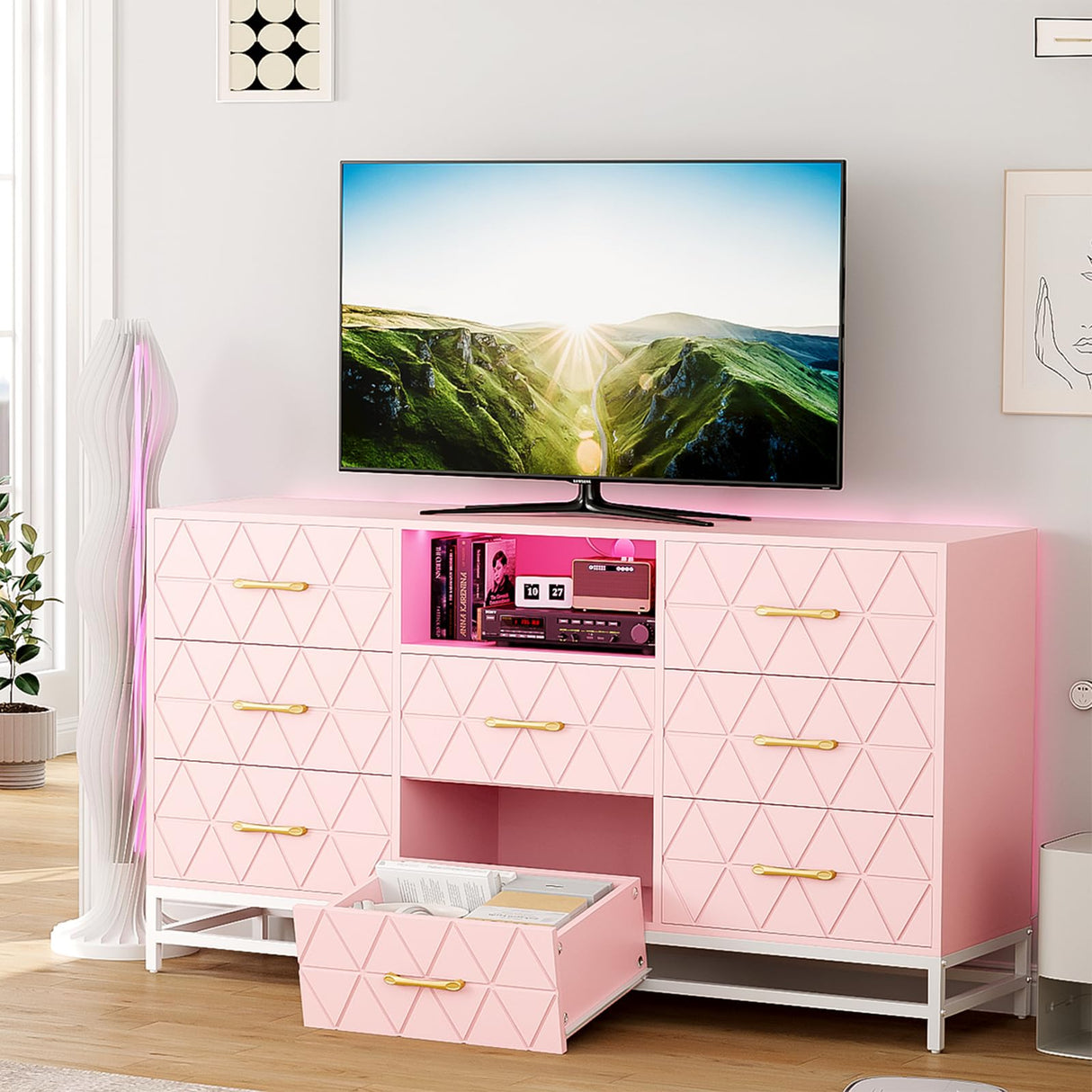 GarveeHome Pink Dresser for Bedroom with 8 Deep Drawer, 59" TV Dresser Wooden Large Long Dresser with Power Outlet and LED Lights, Modern Chest of Drawers Storage Organizer for Living Room, Hallway GarveeHome