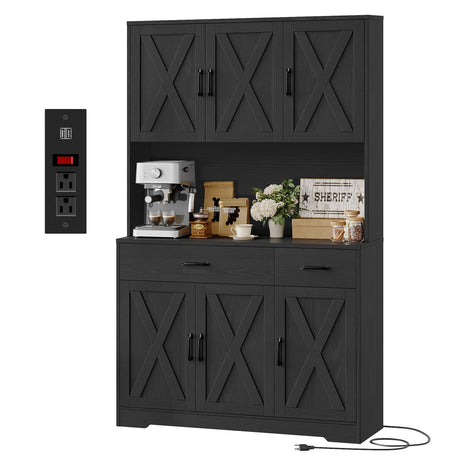 HOSTACK 71" Pantry Cabinet with Charging Station, Tall Kitchen Pantry Storage Cabinet with Microwave Stand, Farmhouse Kitchen Hutch with Storage Drawers for Living Room, Dining Room, Black Wood Grain HOSTACK