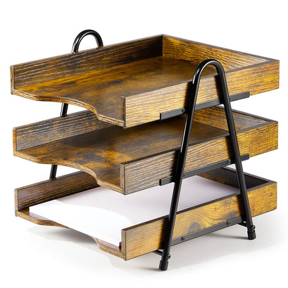 HOYRR Wood Desk Organizer, Wood Letter Tray Organizer, 3-Tier Wood Paper Tray, Rustic Desk File Tray for School Office Supplies Documents Workspace Organizer - WoodArtSupply