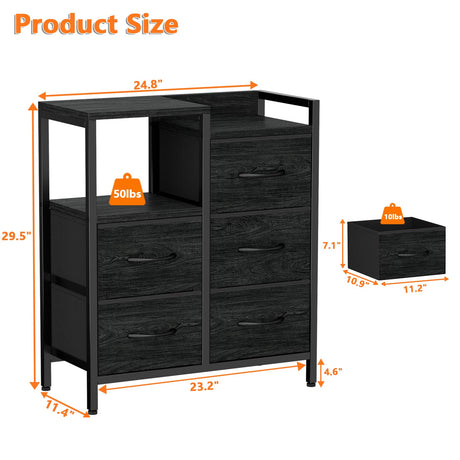 Furnulem 5 Drawer Black Dressers for Bedroom 2 Tier Shelf Storage Small Fabric Dresser for Closet Sturdy Metal Frame Modern Dresser Bedroom Dresser with Drawers for Hallway Rooms Furnulem