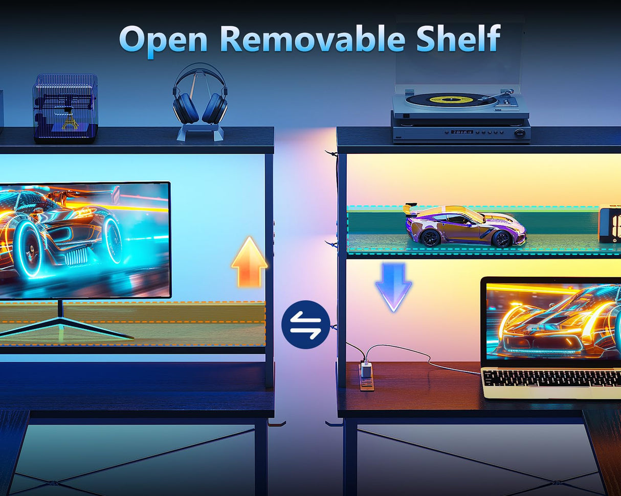 Casaottima Gaming Desk with Power Outlets & LED Lights, 43 Inch Reversible L Shaped Computer Desk with Shelves & Storage Bag, Corner Desk for Home Office, Black Casaottima