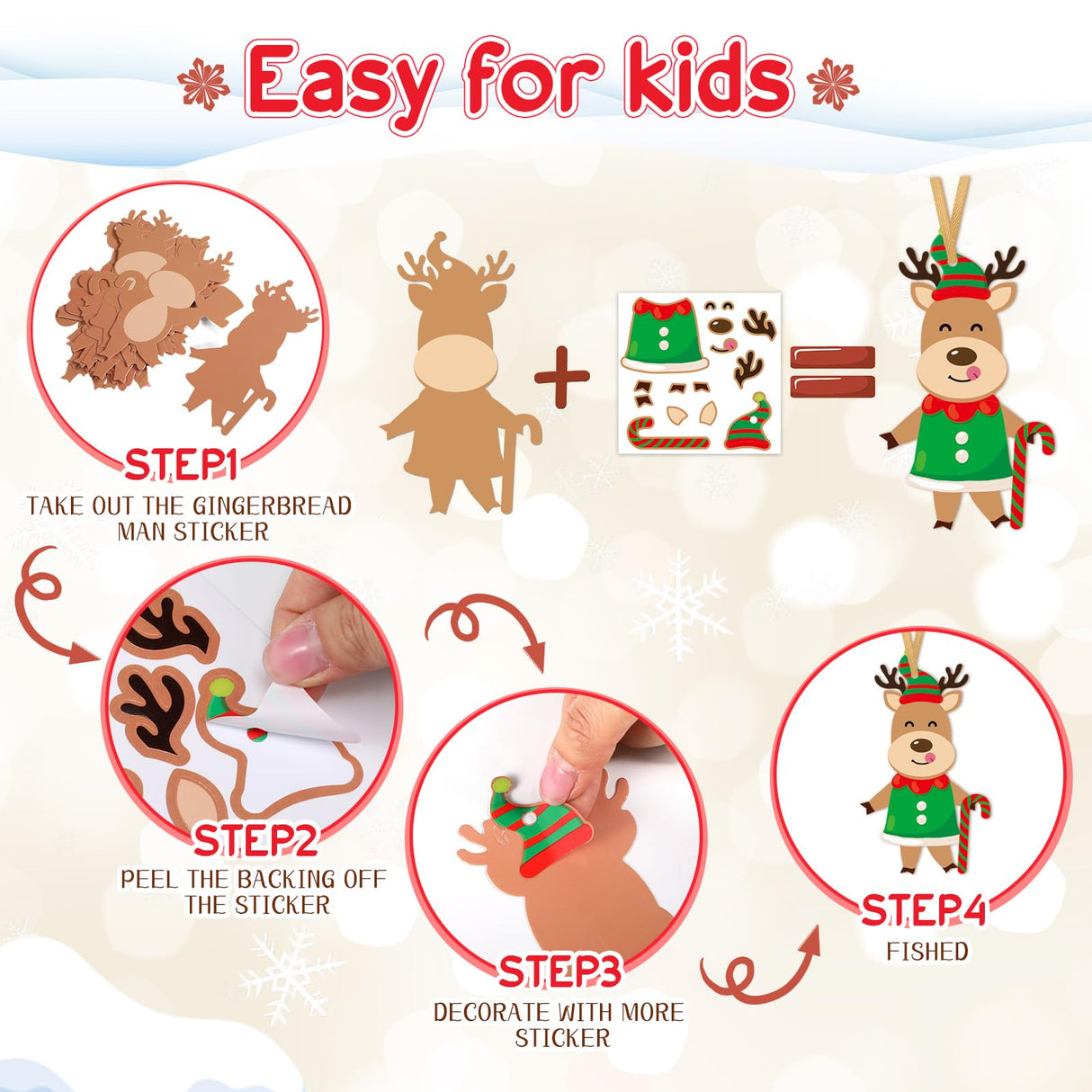 Dianelhall 50 Pcs Christmas Reindeer Craft Kit for Kids DIY Christmas Ornaments Craft Kit Fun Make Your Own Christmas Reindeer Sticker Accessories Craft Project for Xmas Tree Home Class Decoration Dianelhall