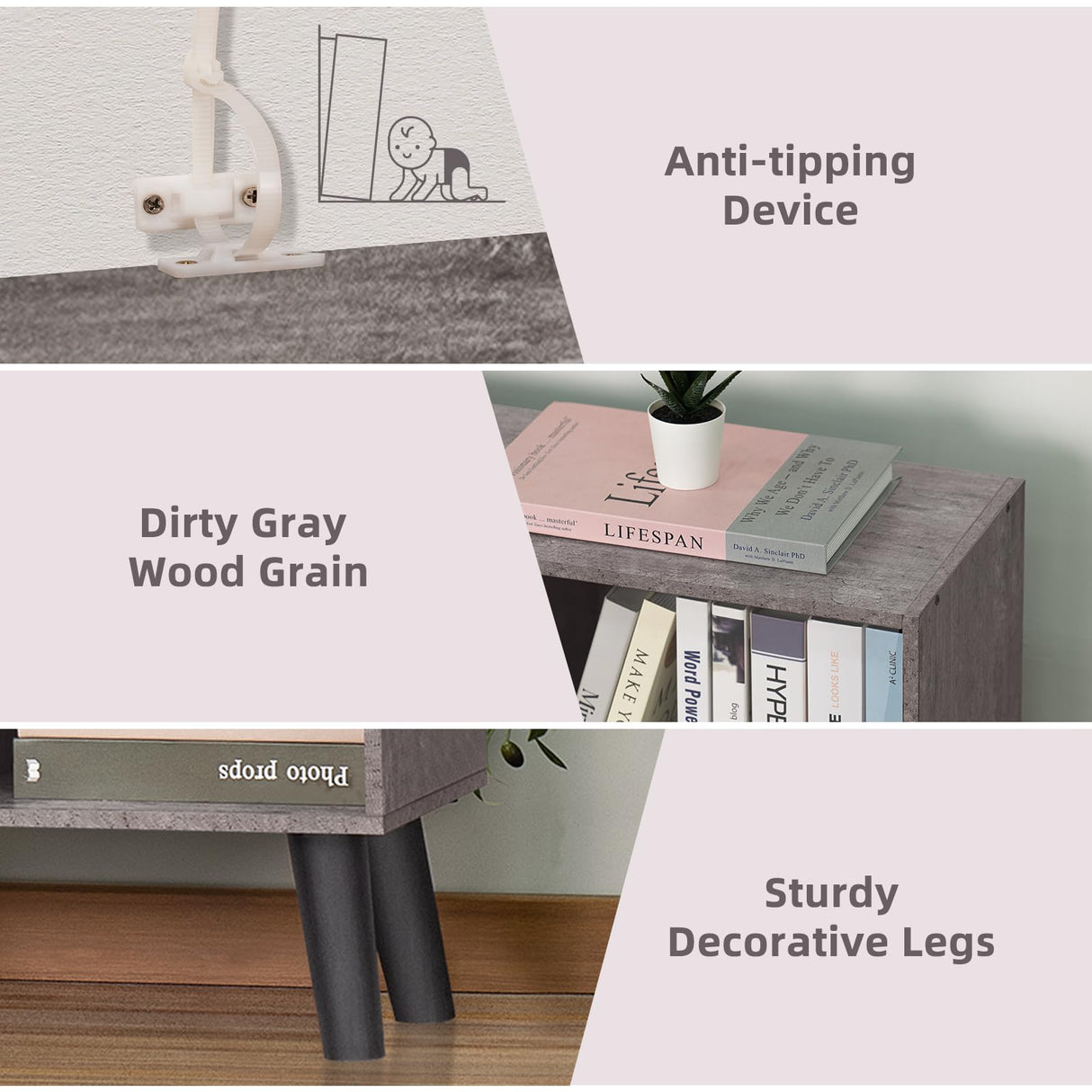 LEYAOYAO 8 Cube Bookshelf,Farmhouse Bookcase with Legs,Modern Dirty Grey Mid-Century Bookshelves,Large 3 Tier Open Storage Organizer Shelf, Retro Wood Display Book Case LEYAOYAO