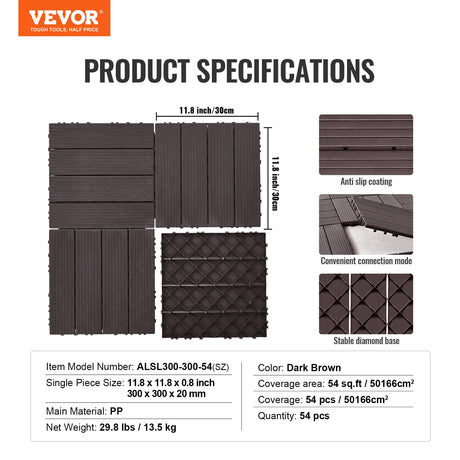 VEVOR Interlocking Deck Tiles, 54 Pack,12"x12" 54 sq. ft Plastic Waterproof Outdoor Flooring All Weather Use, Patio Floor Decking Covering Tiles for Porch Poolside Balcony Backyard, Dark Brown VEVOR