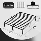 hiyuehome 14 inch Metal Queen Bed Frame with Rounded Corner and Headboard Hole Mattress Retainers 3500LBS Heavy Duty Steel Slats No Box Spring Needed Platform Noise-Free Easy Assembly hiyuehome