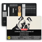 27 Piece Charcoal Drawing Set - Professional Black & White Charcoal Pencils for Sketching, Shading & Blending, Graphite Sticks with Artist Art Supplies Kit (Beginners & Professionals) GETHPEN