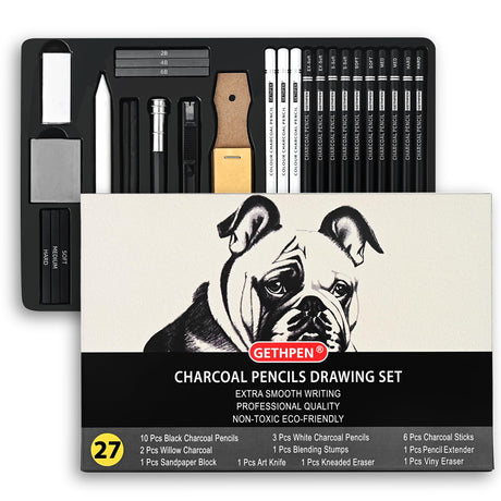 27 Piece Charcoal Drawing Set - Professional Black & White Charcoal Pencils for Sketching, Shading & Blending, Graphite Sticks with Artist Art Supplies Kit (Beginners & Professionals) GETHPEN